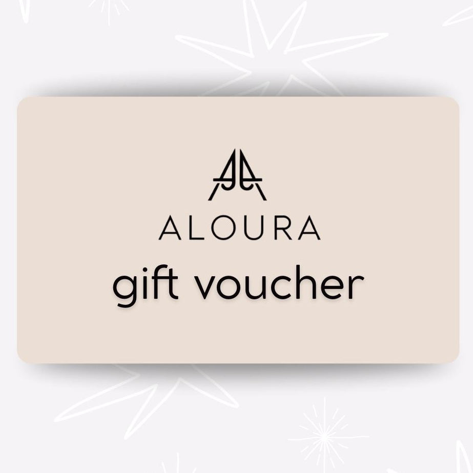 Beige gift voucher with 'Aloura' logo and text on a light gray background